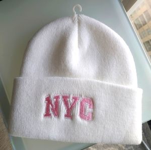 NYC winter hat/toque in white with pink stitching